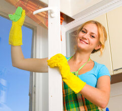 young woman cleaning the glass window